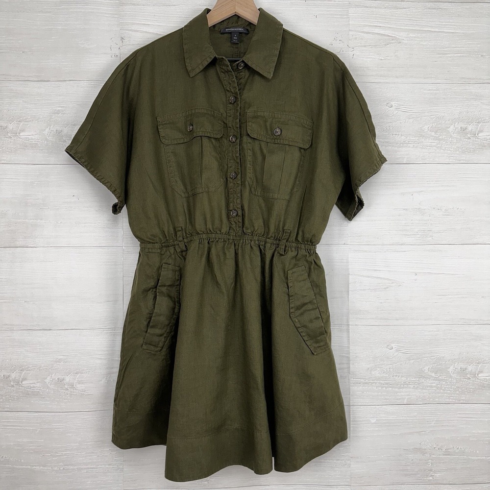 Banana Republic Size Small Linen Utility Safari Shirt Dress Olive Green NO BELT
